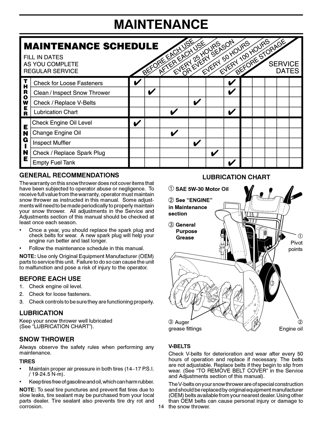 Poulan 418971 Maintenance, General Recommendations, Before Each Use, Lubrication Chart, Snow Thrower, Purpose Grease 