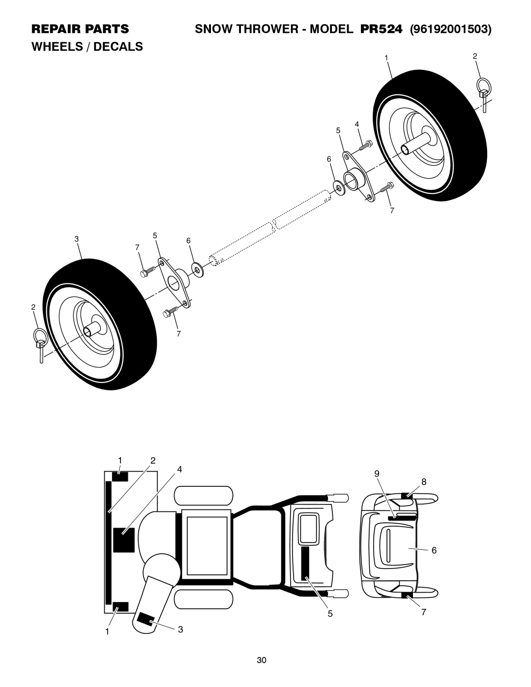 Poulan 418971 owner manual Wheels / Decals, Repair Parts, SNOW THROWER - MODEL PR524 