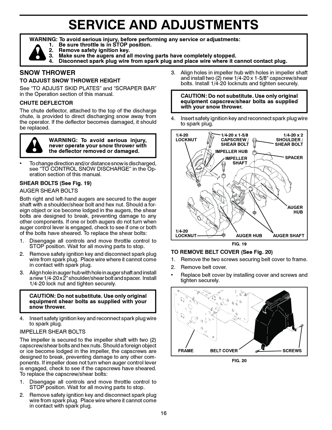 Poulan 418971 owner manual Service and Adjustments, To Adjust Snow Thrower Height, Chute Deflector, Shear Bolts See Fig 