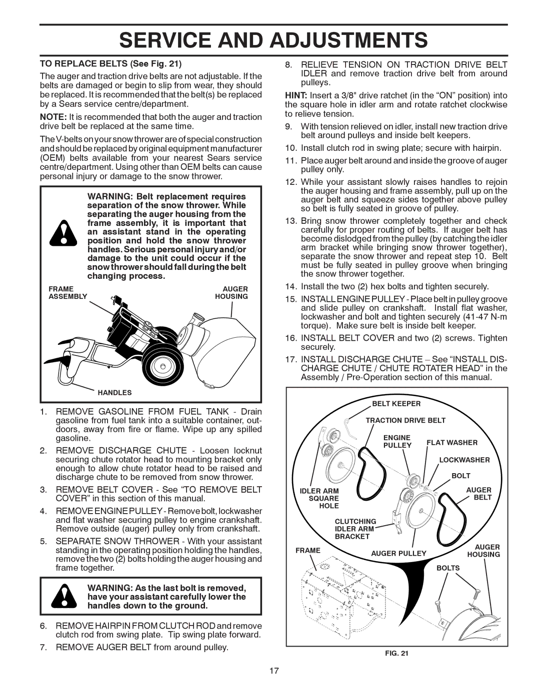 Poulan 418971 owner manual To Replace Belts See Fig 