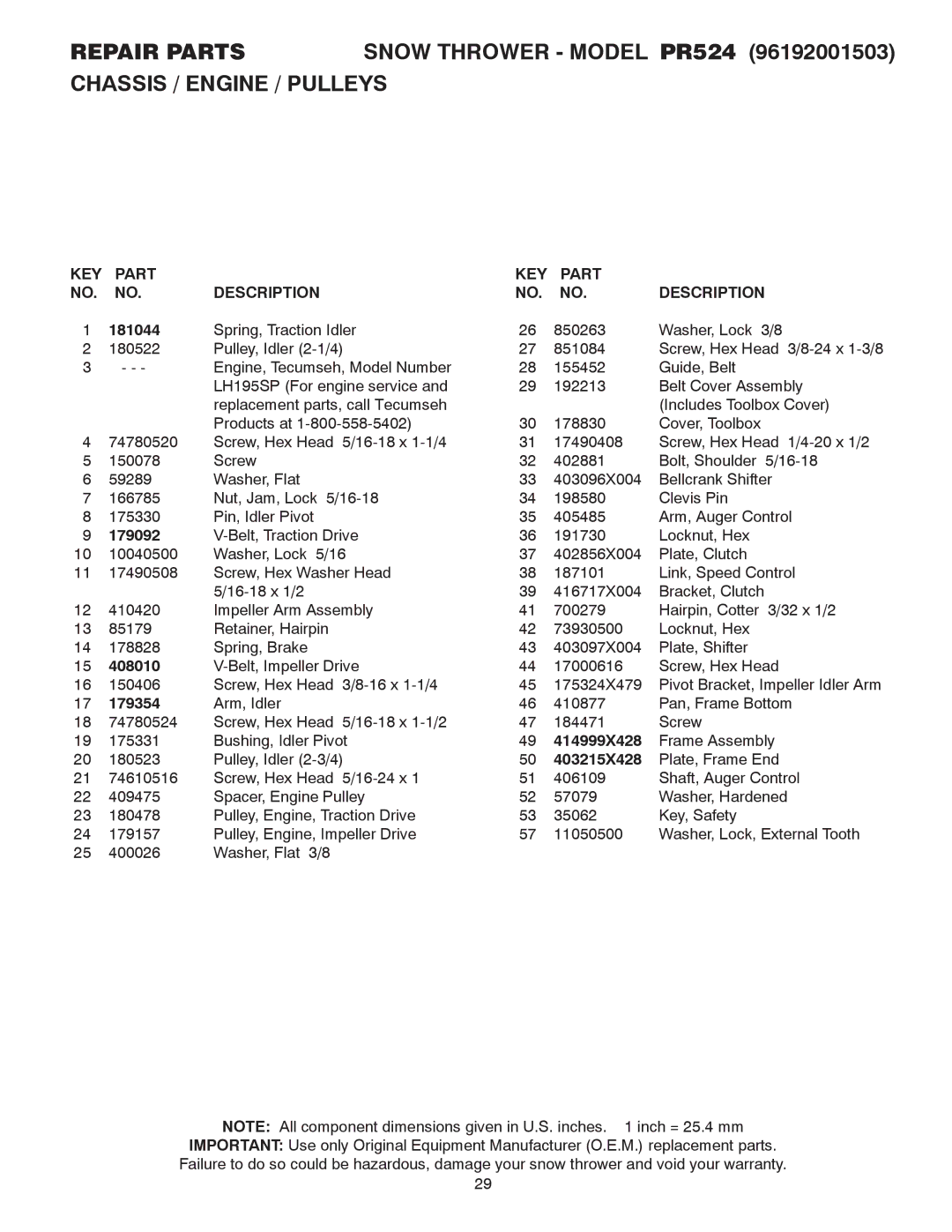 Poulan 418971 owner manual KEY Part Description 