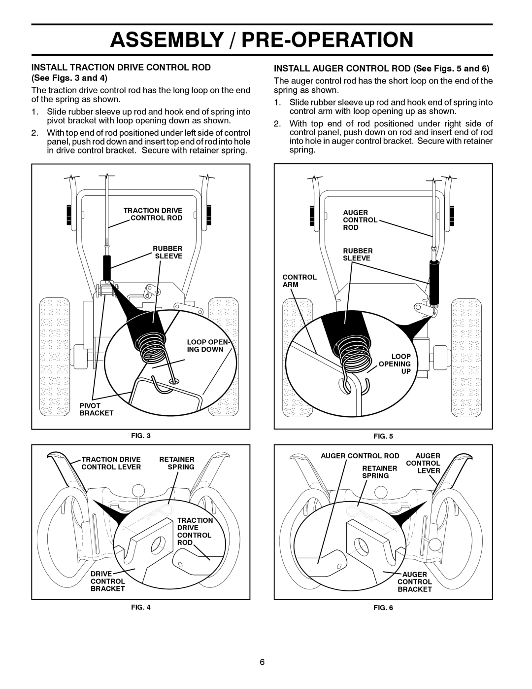 Poulan 418971 owner manual Install Traction Drive Control ROD See Figs, Install Auger Control ROD See Figs 