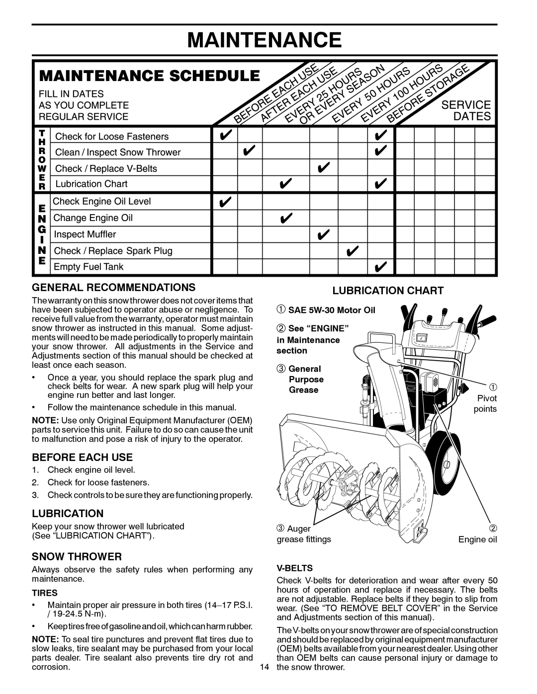 Poulan 418984, 96194000602 Maintenance, General Recommendations, Before Each Use, Lubrication Chart, Snow Thrower 