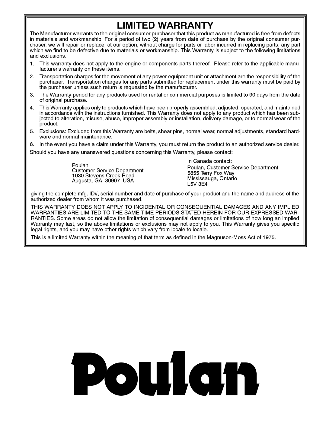 Poulan 418984, 96194000602 owner manual Limited Warranty 
