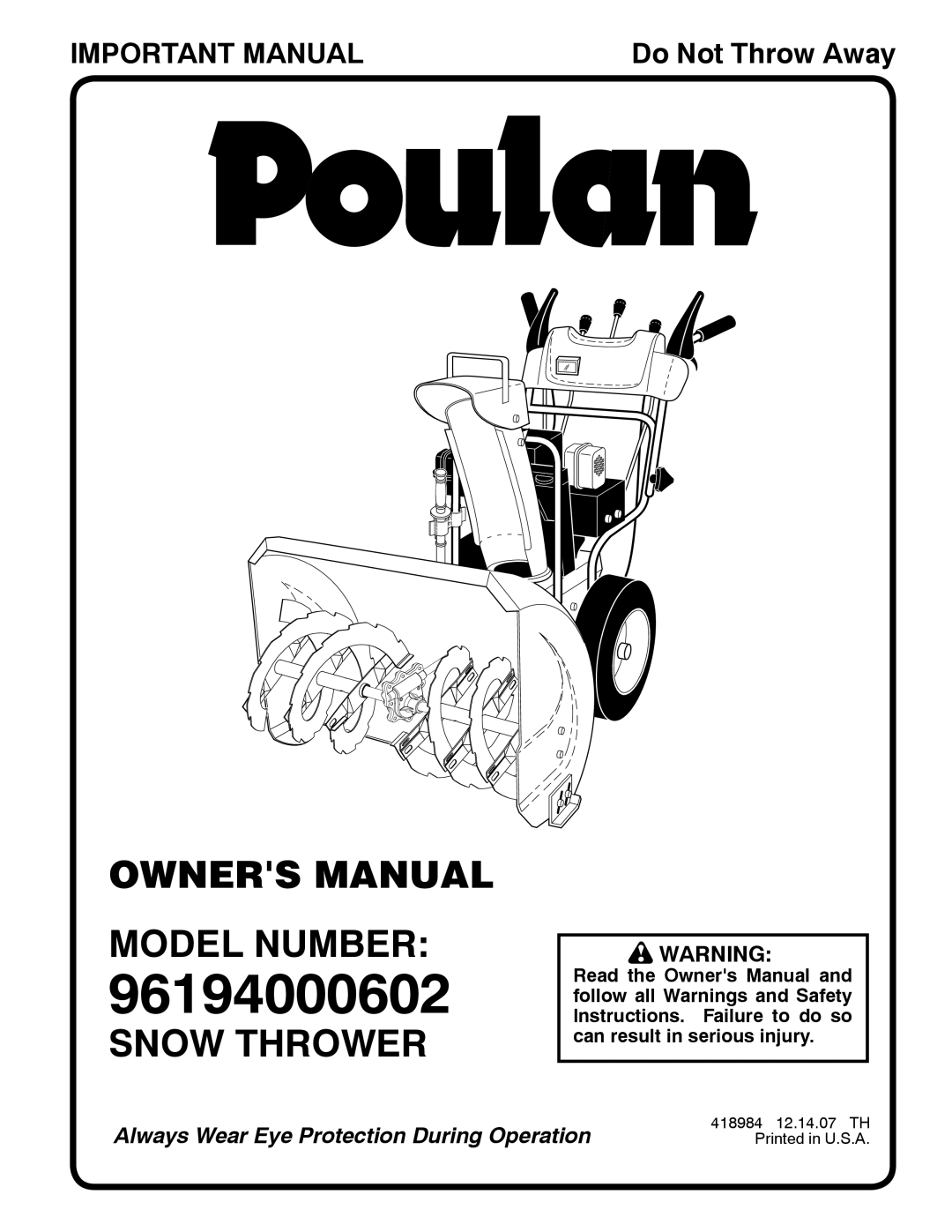 Poulan 96194000602, 418984 owner manual Model Number, Snow Thrower 