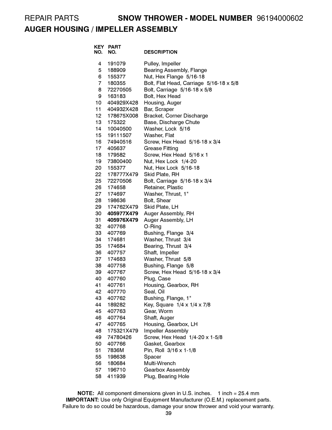 Poulan 96194000602, 418984 owner manual KEY Part Description 