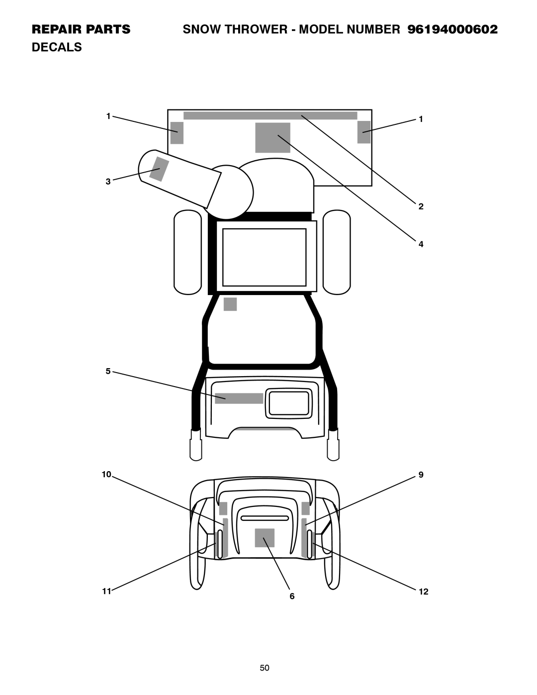 Poulan 418984 owner manual Repair Parts Snow Thrower Model Number 96194000602 Decals 