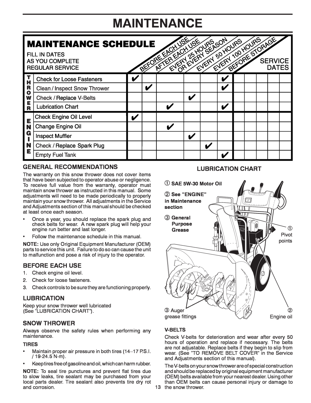 Poulan 419002 Maintenance, General Recommendations, Before Each Use, Snow Thrower, Lubrication Chart, Tires, V-Belts 