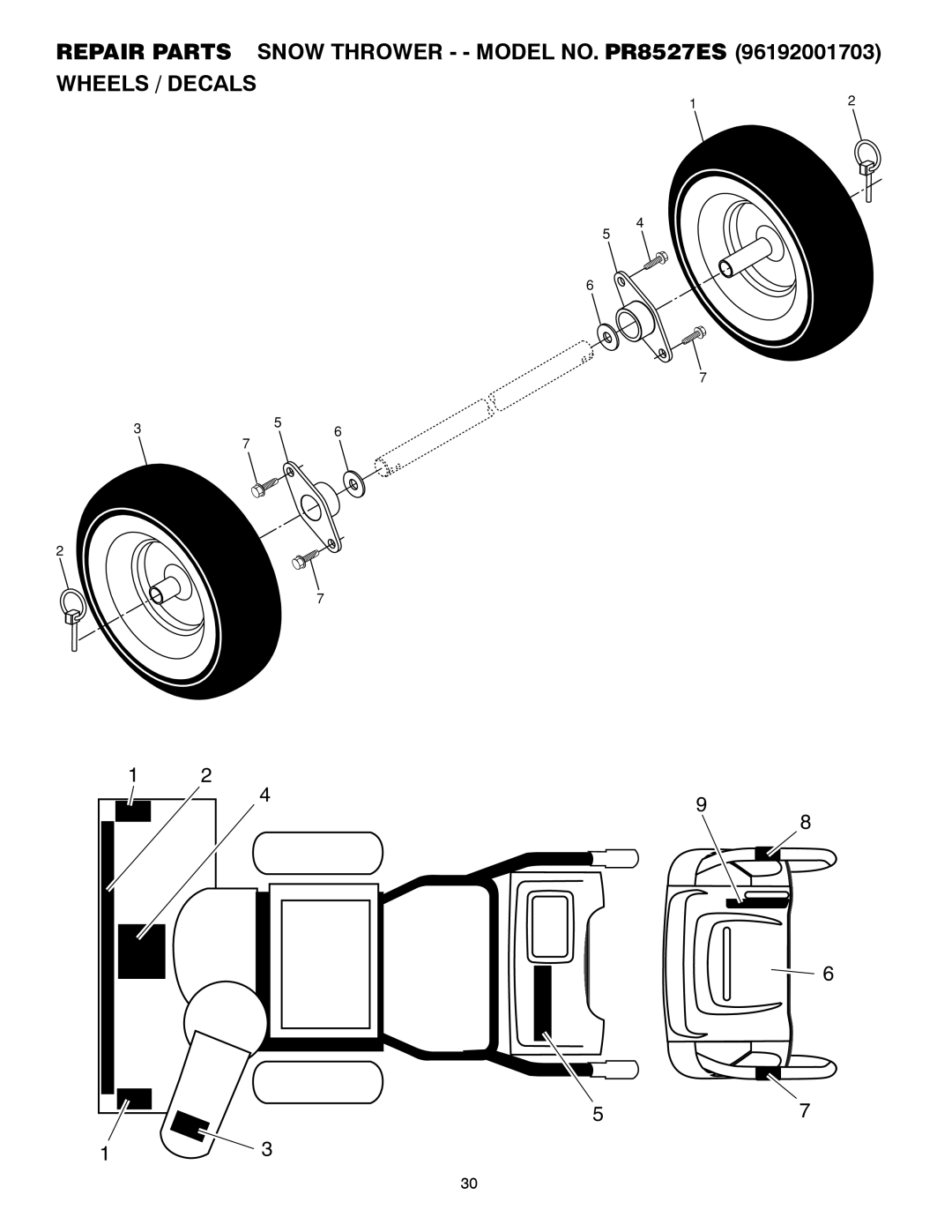 Poulan 419002 owner manual Wheels / Decals, REPAIR PARTS SNOW THROWER - - MODEL NO. PR8527ES 