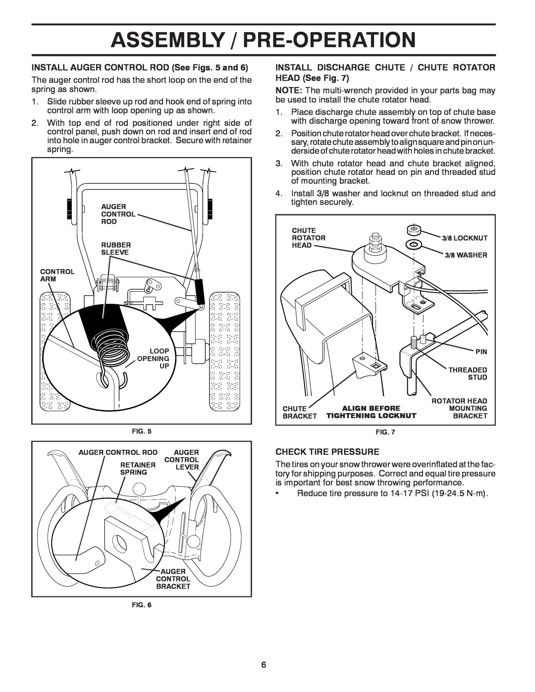 Poulan 419002 owner manual Assembly / Pre-Operation, INSTALL AUGER CONTROL ROD See Figs. 5 and, Check Tire Pressure 