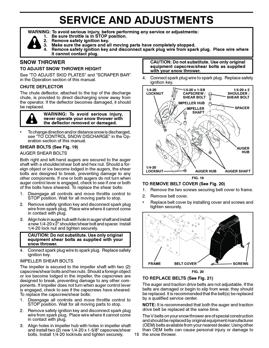 Poulan 419002 owner manual Service and Adjustments, To Adjust Snow Thrower Height, Chute Deflector 