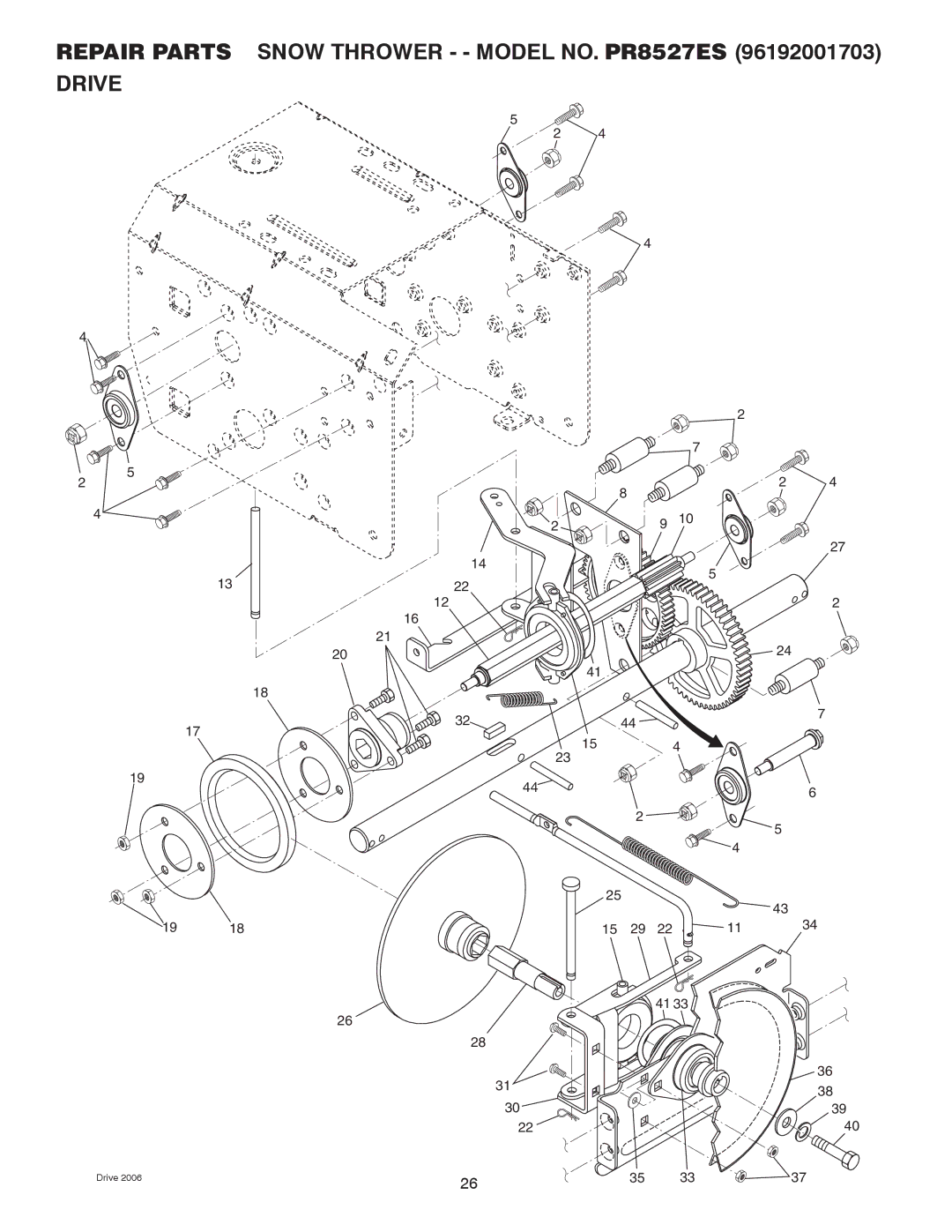 Poulan 419002 owner manual Repair Parts Snow Thrower - Model NO. PR8527ES Drive 