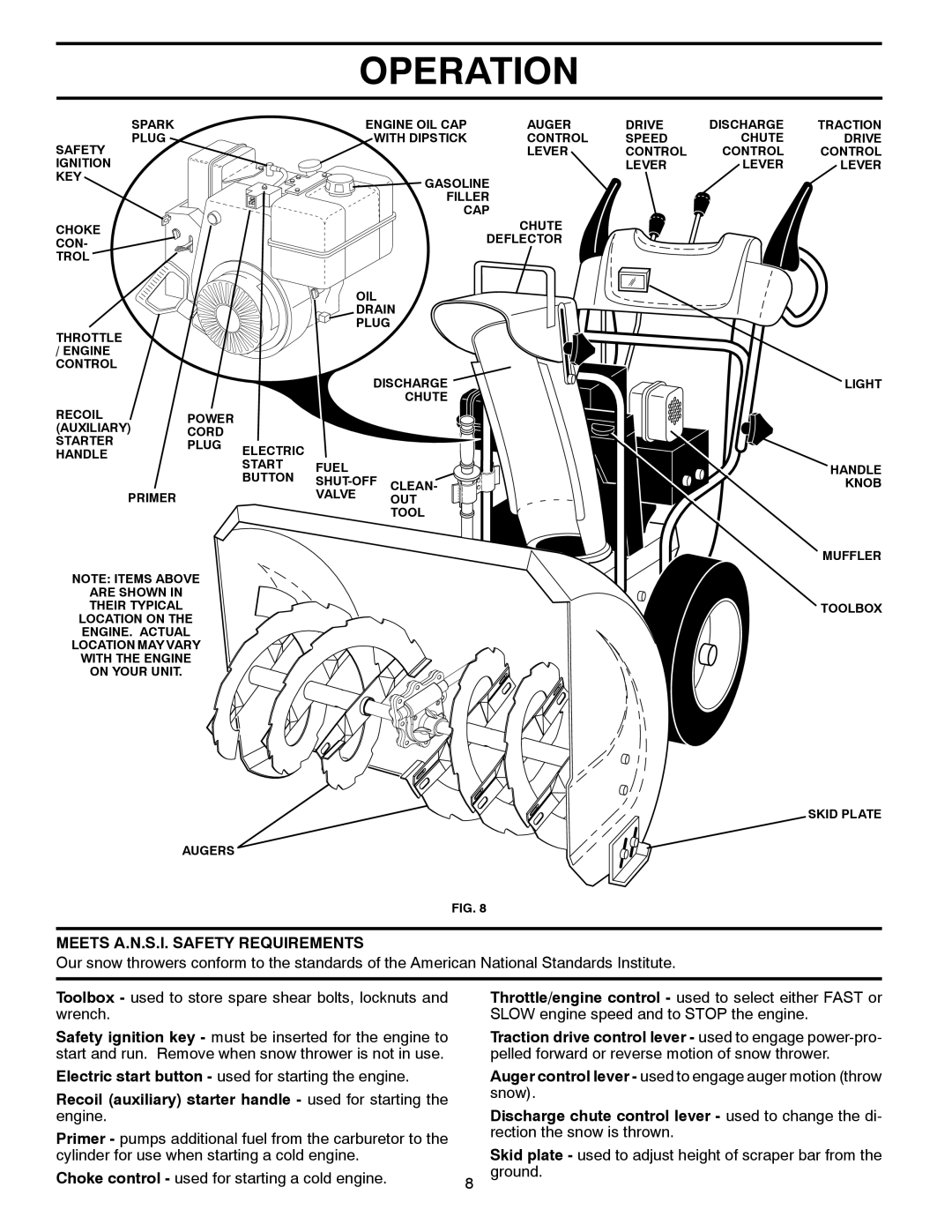 Poulan 419002 owner manual Meets A.N.S.I. Safety Requirements, Recoil auxiliary starter handle used for starting 