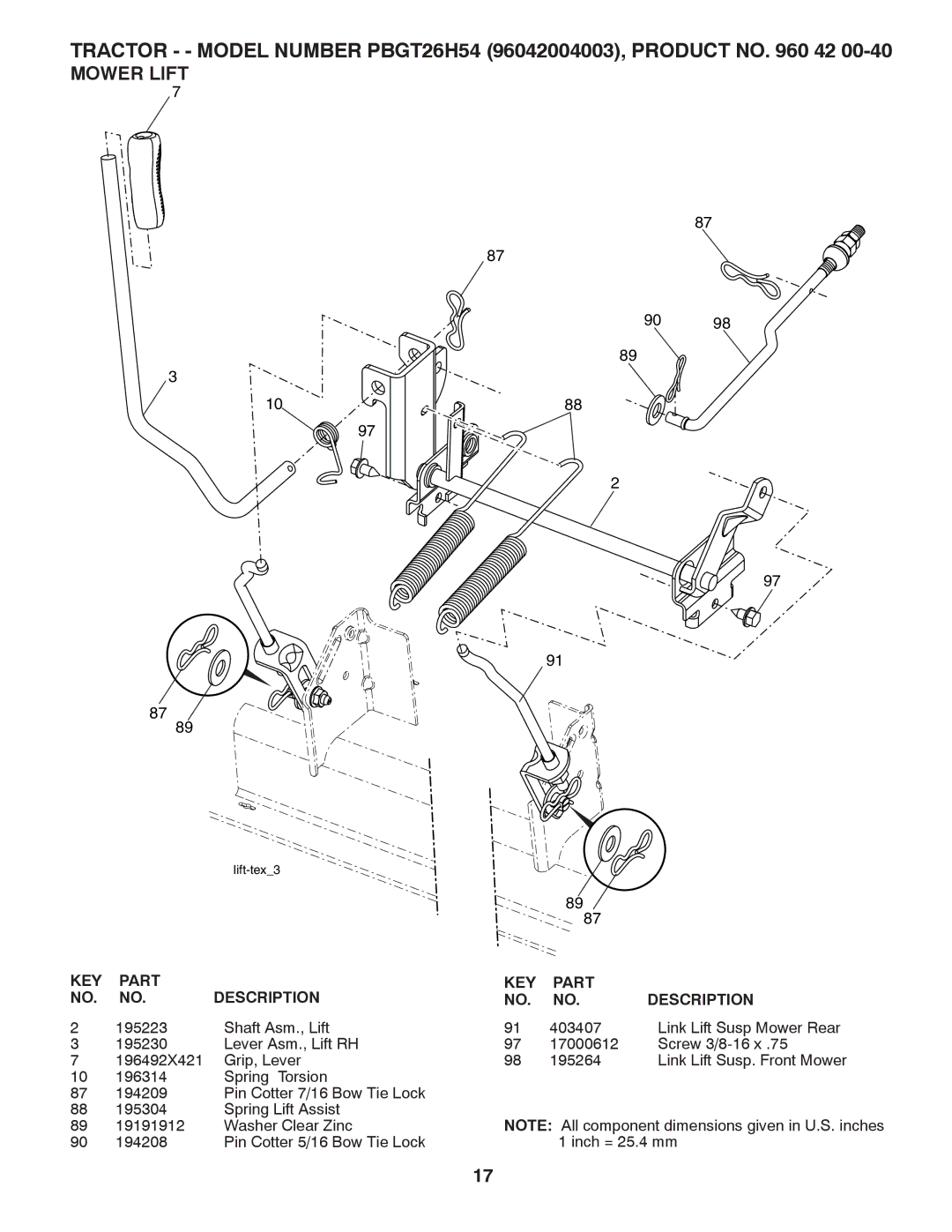 Poulan 419061 manual Mower Lift 