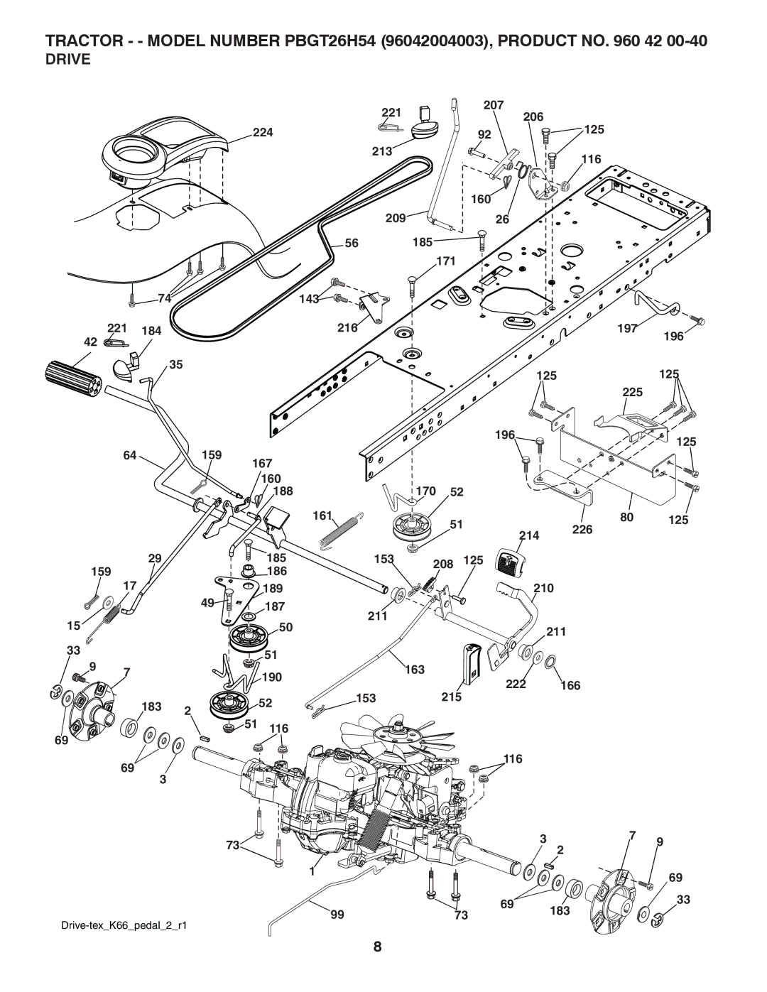 Poulan 419061 manual Drive, 153 208 125 210 211 163 215 222 166 116 183 