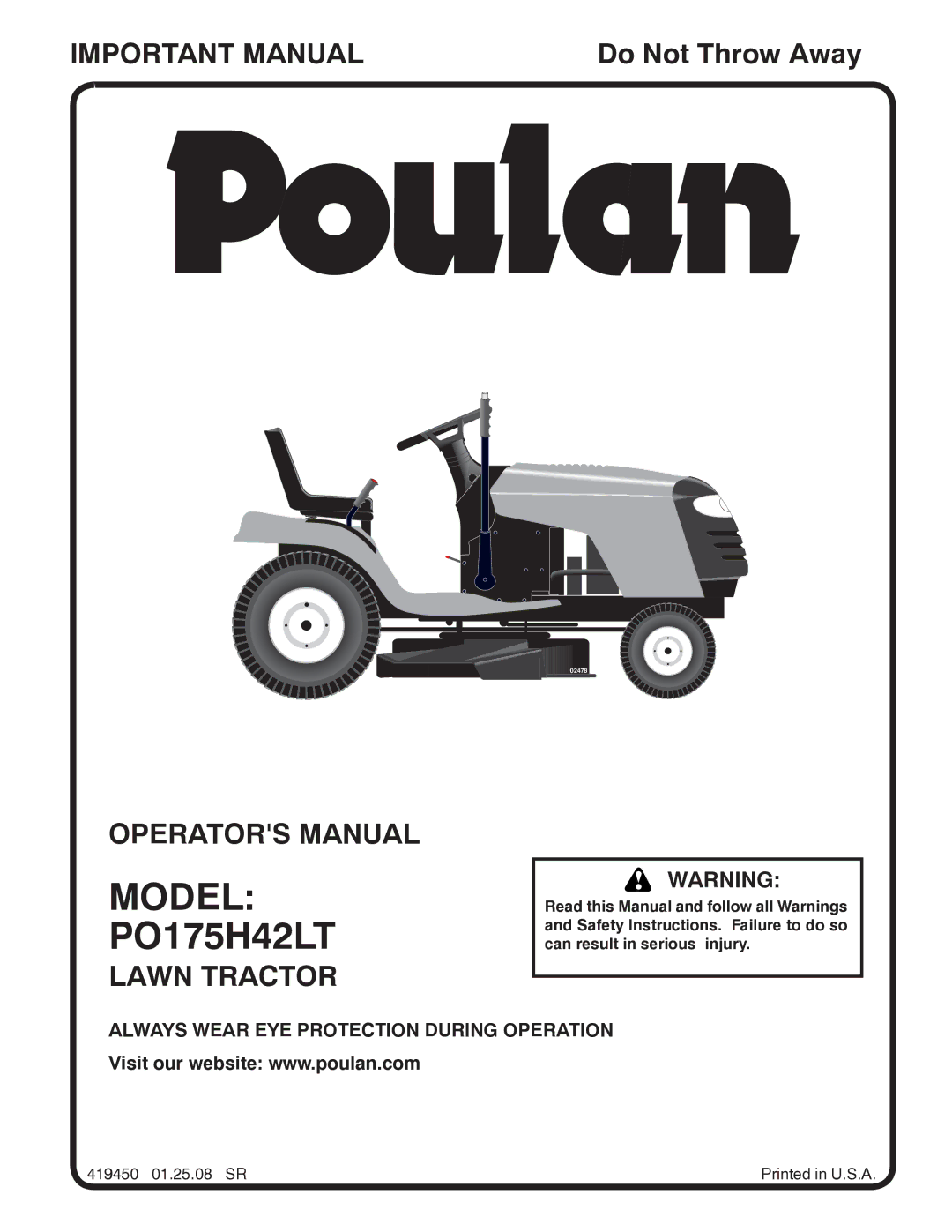 Poulan 419450 manual Model, PO175H42LT 