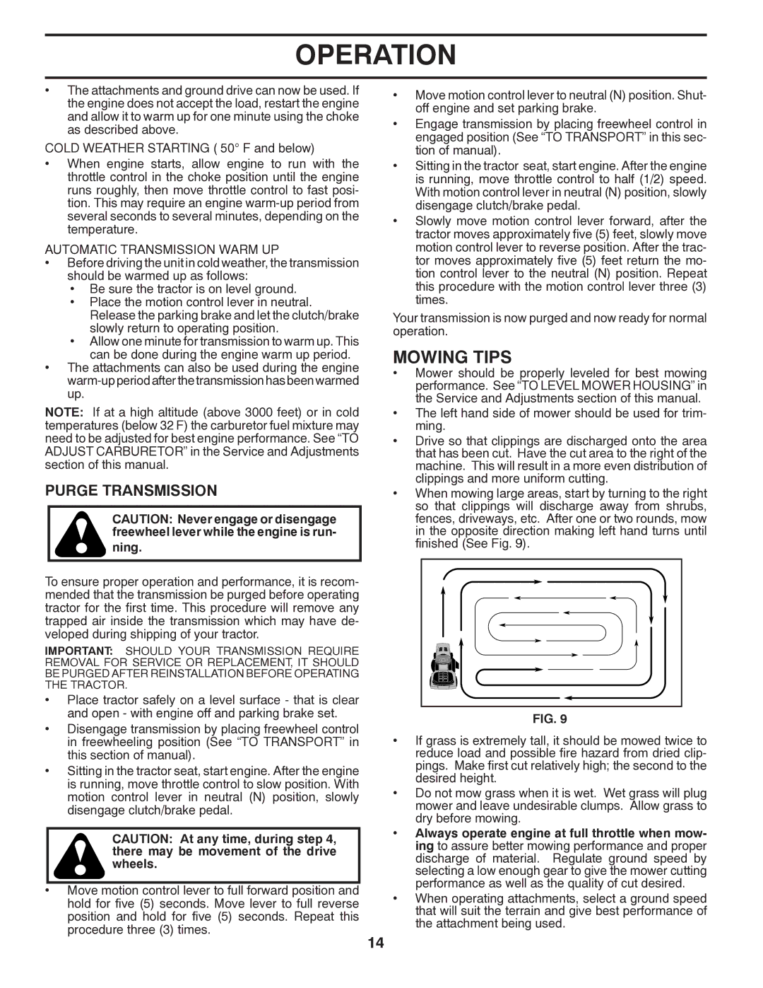 Poulan 419450 manual Mowing Tips, Purge Transmission, Automatic Transmission Warm UP, Ning 