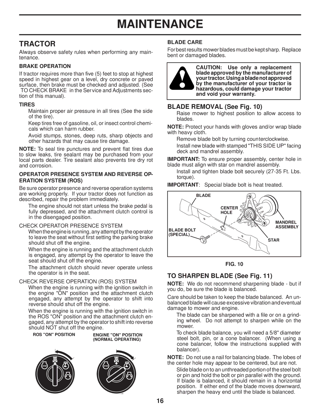 Poulan 419450 manual Tractor, Blade Removal See Fig, To Sharpen Blade See Fig 