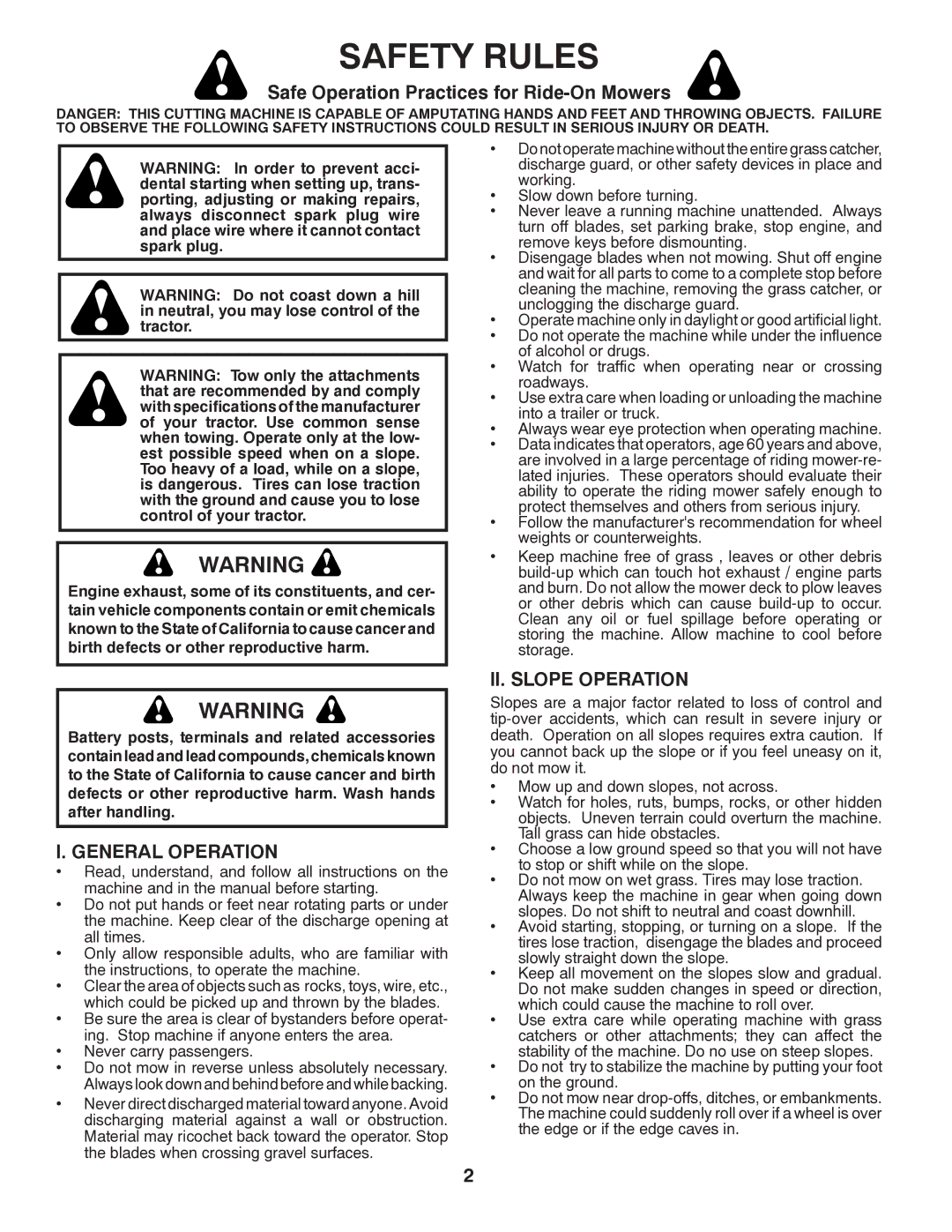 Poulan 419450 manual Safety Rules, Safe Operation Practices for Ride-On Mowers, General Operation, II. Slope Operation 