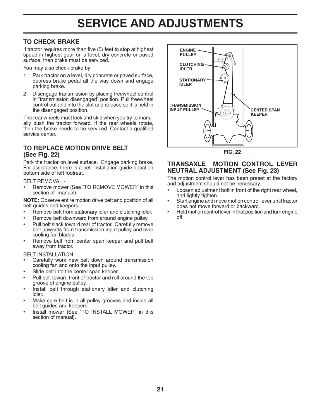 Poulan 419450 manual To Check Brake, To Replace Motion Drive Belt See Fig 