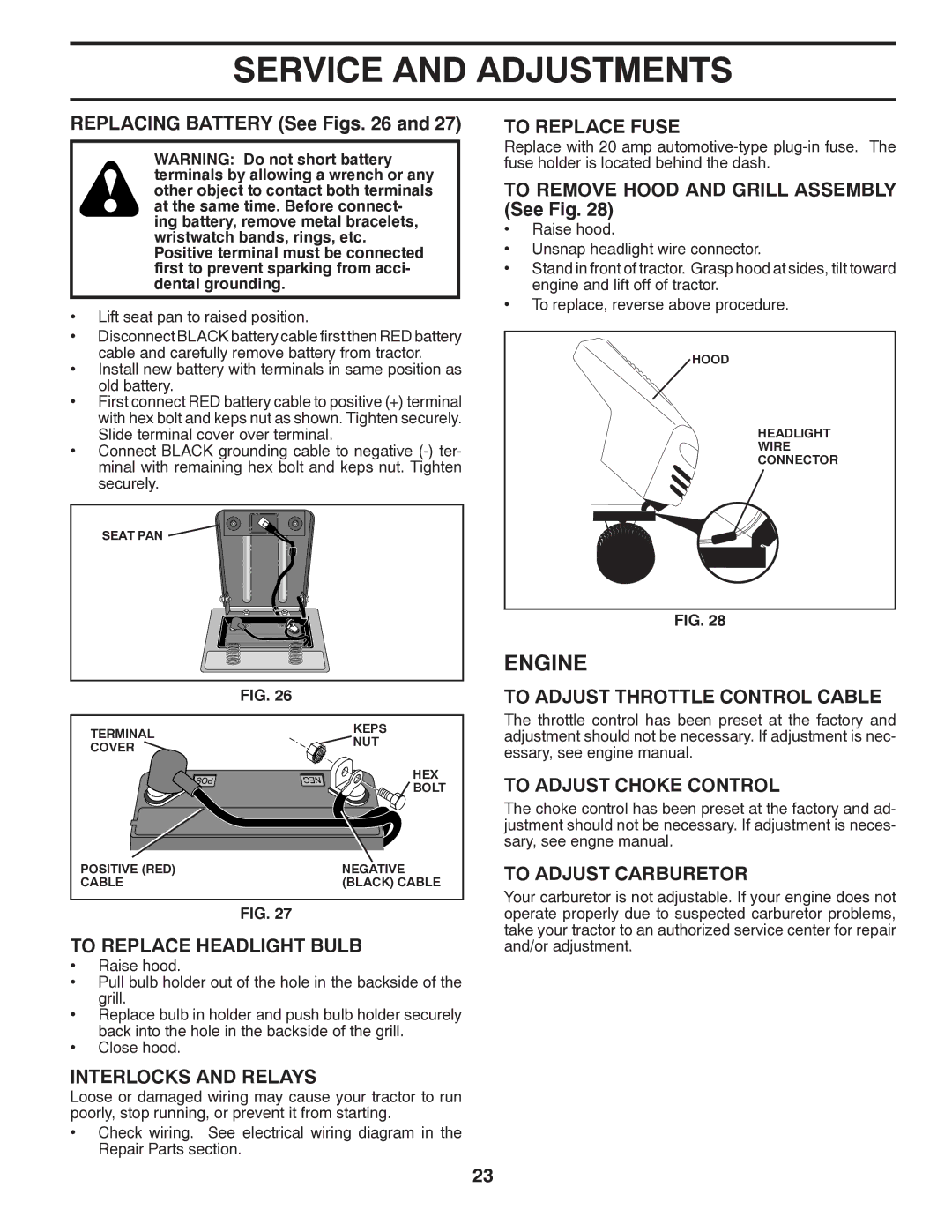 Poulan 419450 manual To Replace Headlight Bulb, Interlocks and Relays, To Replace Fuse, To Adjust Throttle Control Cable 