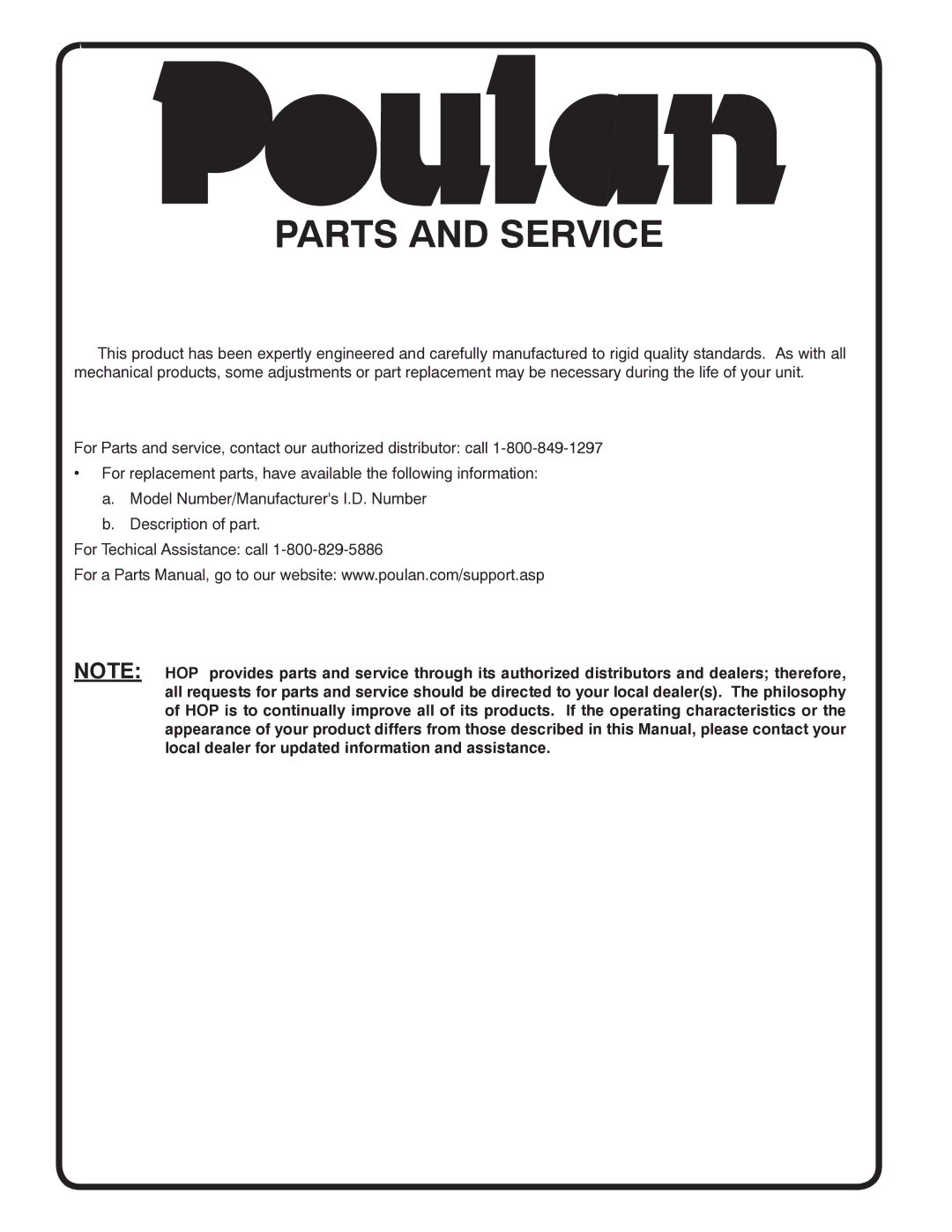 Poulan 419450 manual Parts and Service 