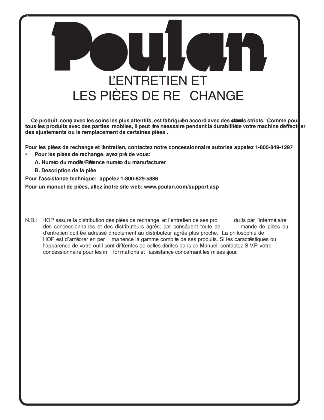 Poulan 419450 manual Changere DE Pièces LES ET L’ENTRETIEN 