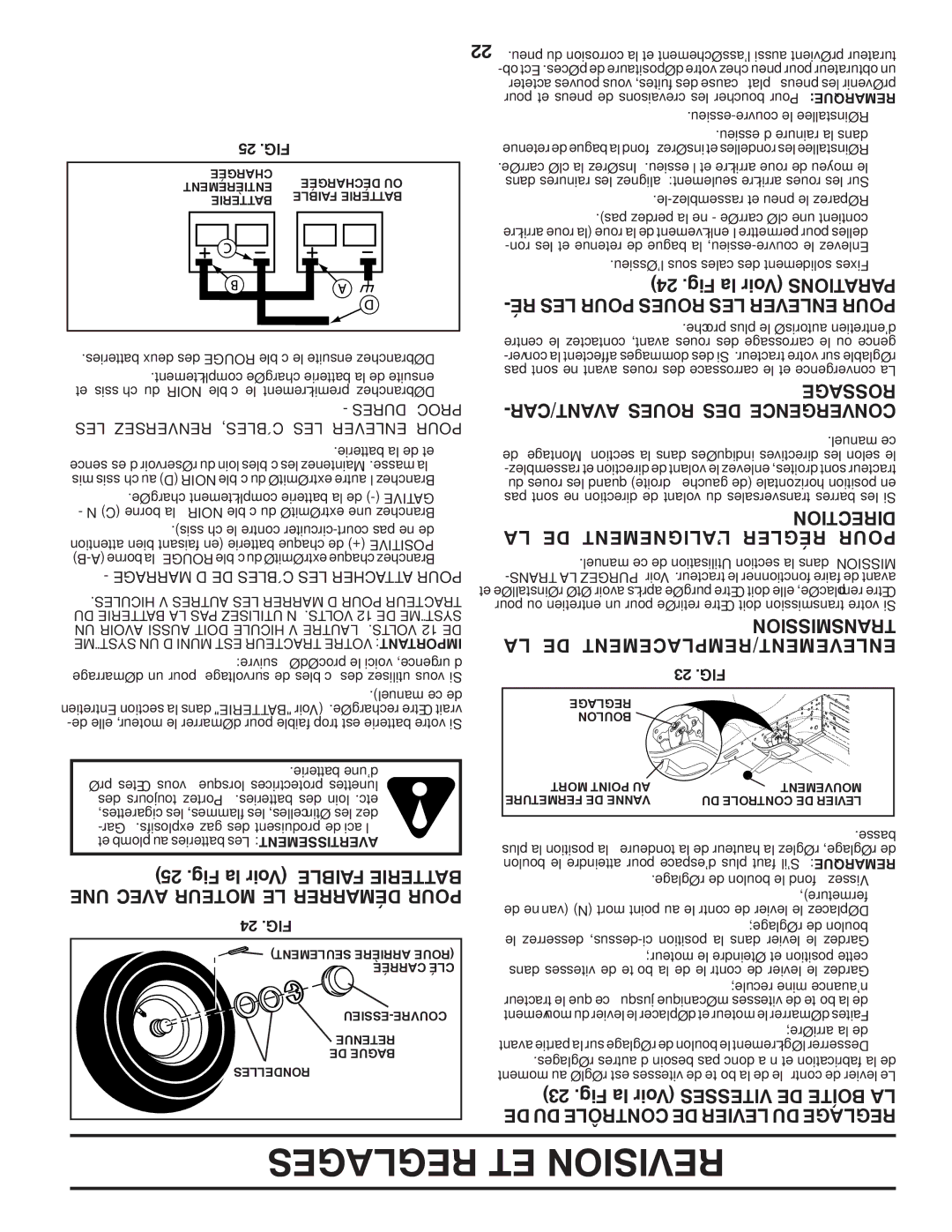 Poulan 419450 manual Rossage, AVANT/CAR Roues DES Convergence, LA DE L’ALIGNEMENT Régler Pour, Sionmistrans 