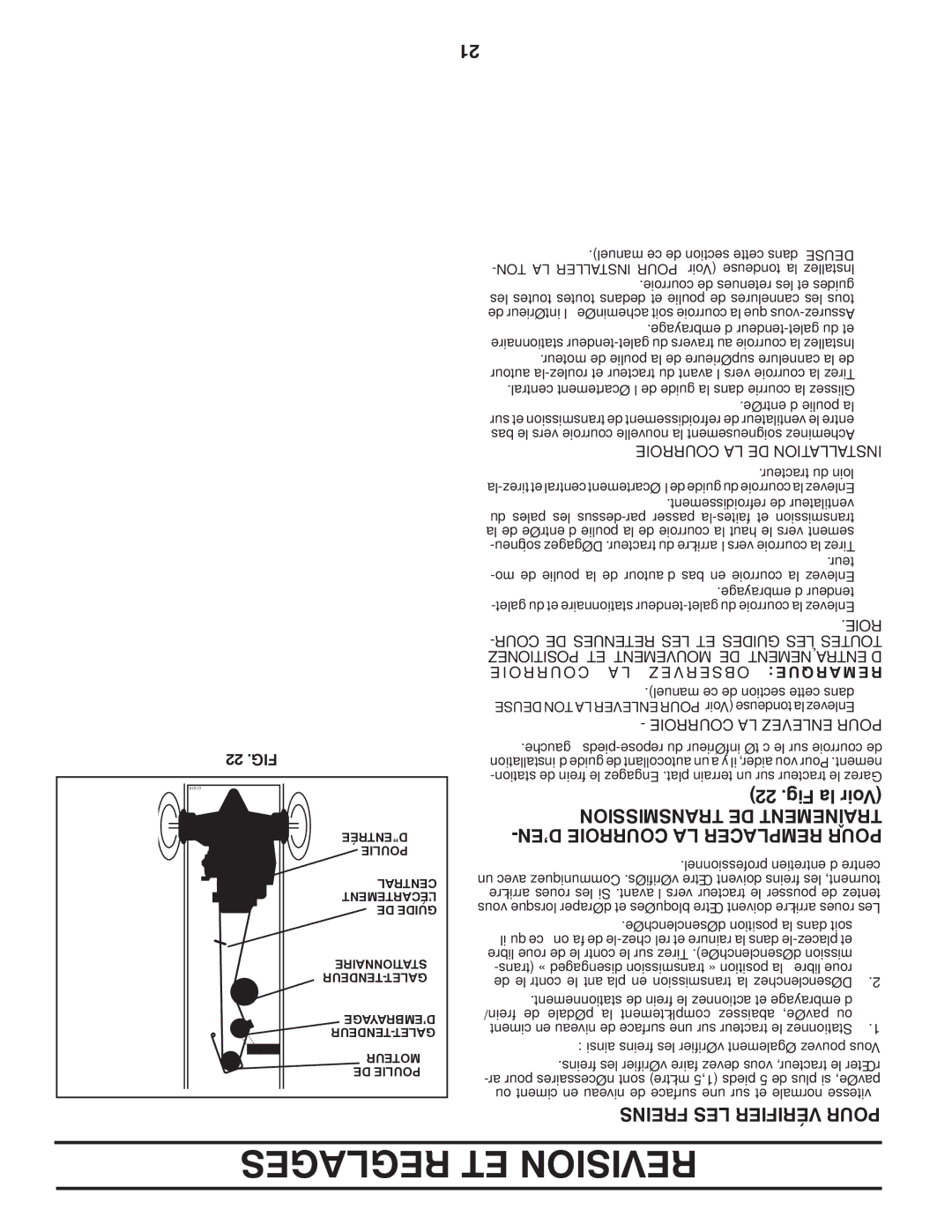 Poulan 419450 Fig la Voir, ’EN Courroie LA Remplacer Pour, Transmission DE Mentnetraî, Freins LES Vérifier Pour, 22 .FIG 