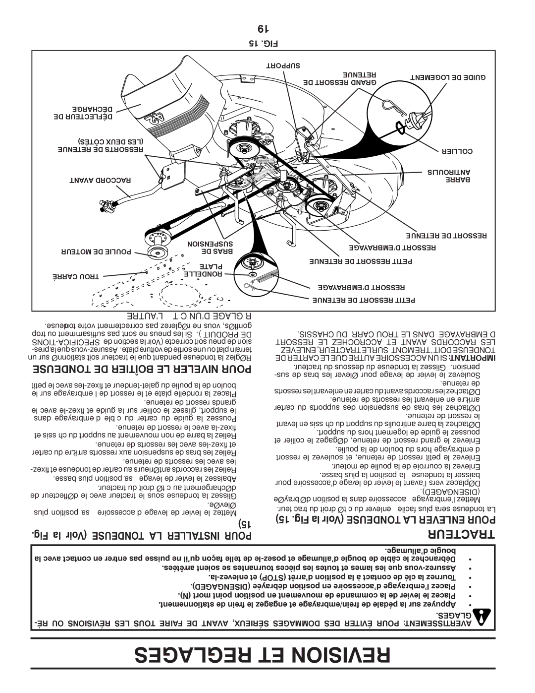 Poulan 419450 manual Tondeuse DE Boîtier LE Niveler Pour, 15 .FIG, Lautre À Côté DUN Réglage 