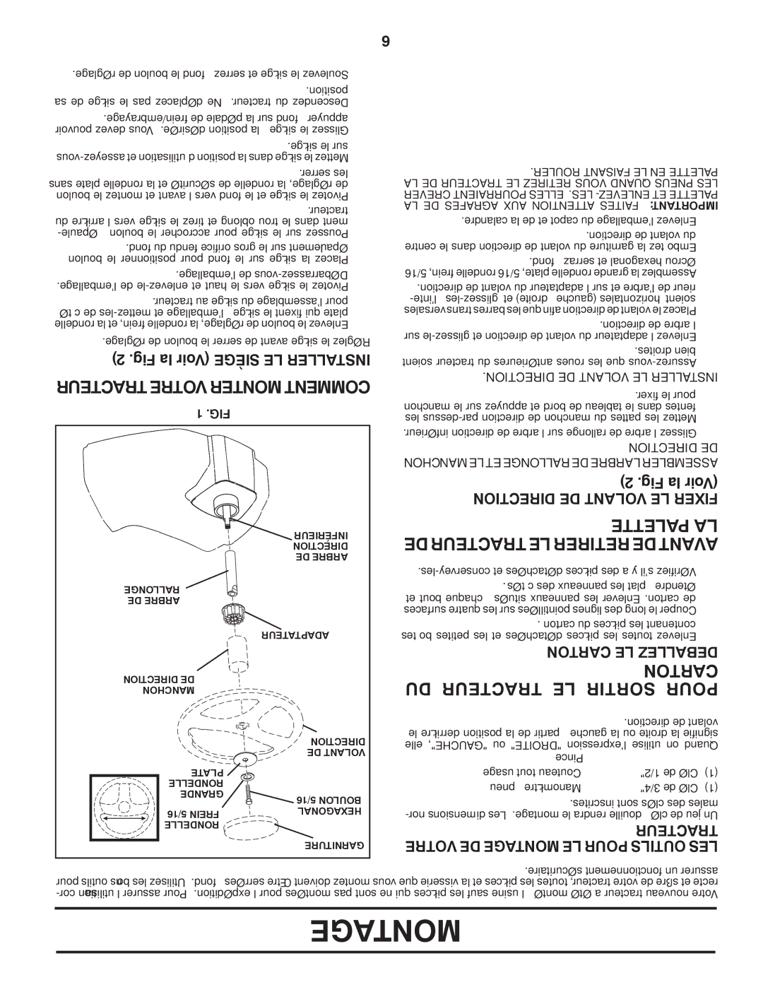 Poulan 419450 manual Tracteur Votre Monter Comment 1 .FIG, DU Tracteur LE Sortir Pour, Palette LA, Toncar 