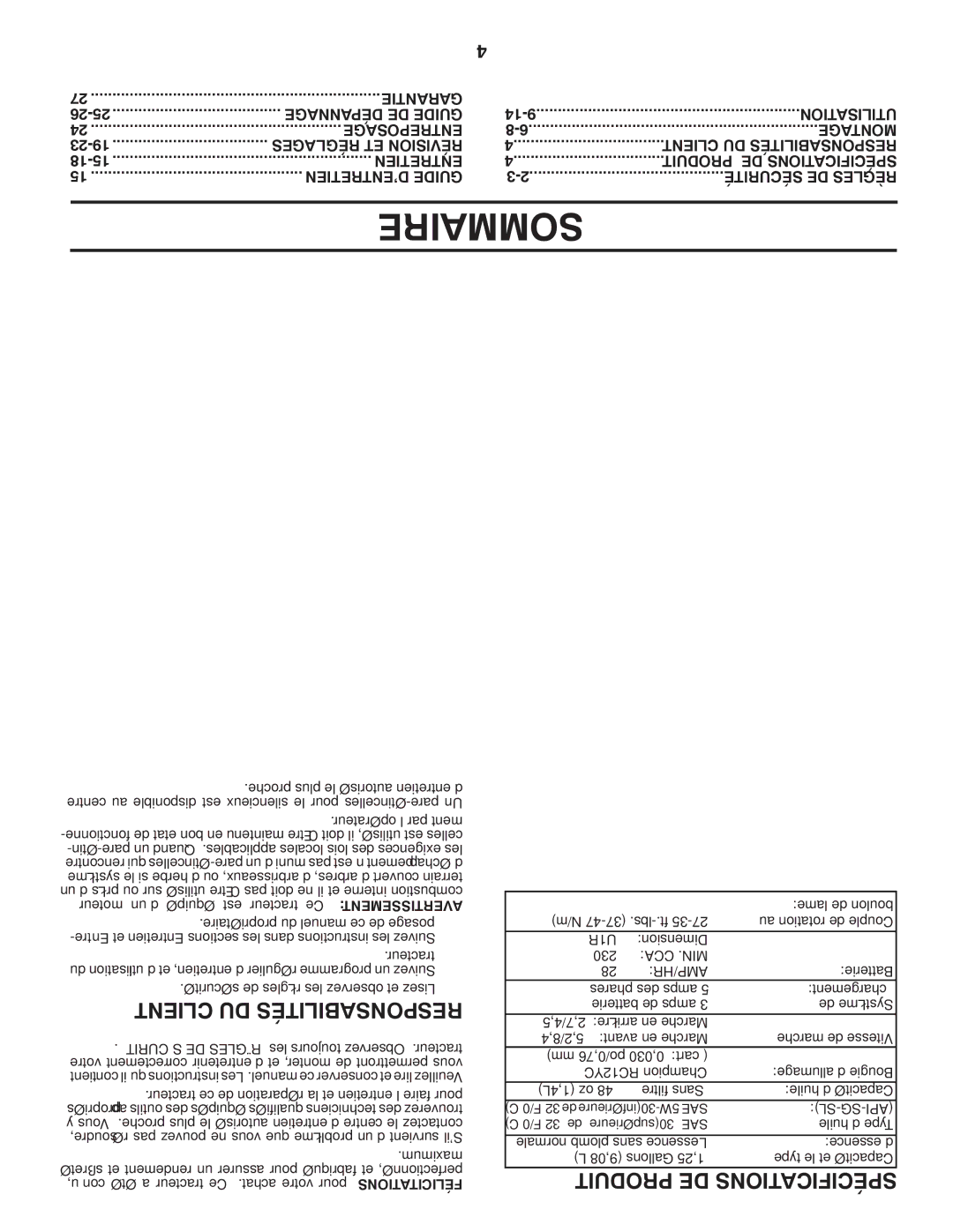 Poulan 419450 manual Sommaire, Client DU Responsabilités, Produit DE Spécifications 