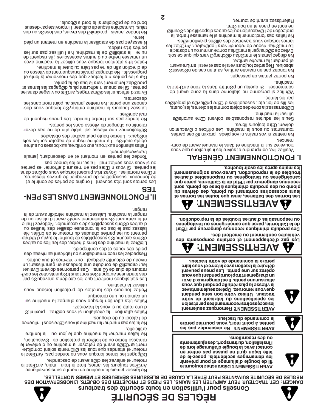 Poulan 419450 manual Tes, PEN LES Dans Fonctionnement, Général Fonctionnement, ’éboule bord le si précipiter de ou bord 