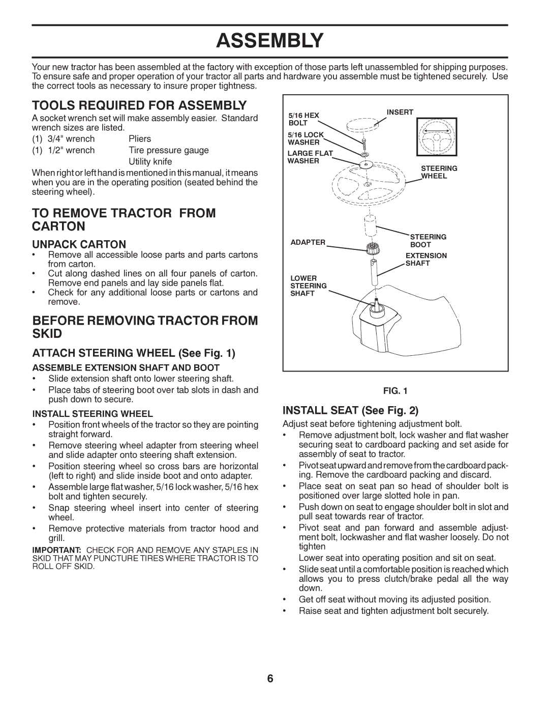 Poulan 419450 manual Tools Required for Assembly, To Remove Tractor from Carton, Before Removing Tractor from Skid 