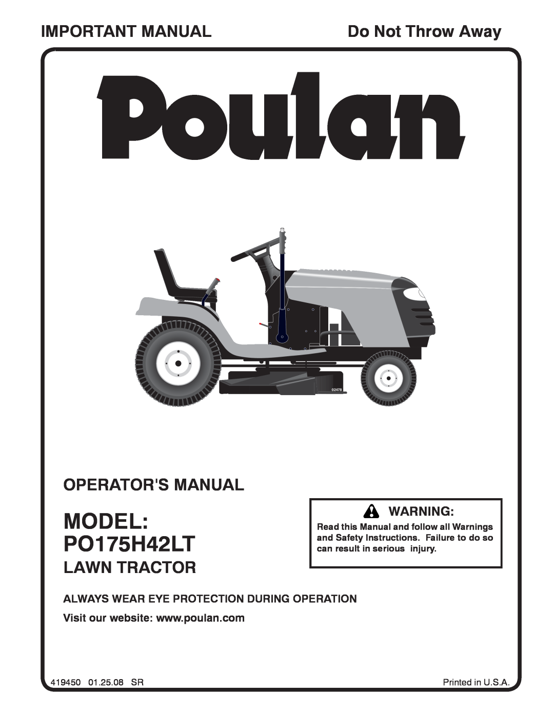 Poulan 419450 manual MODEL PO175H42LT, Important Manual, Operators Manual, Lawn Tractor, Do Not Throw Away, 02478 