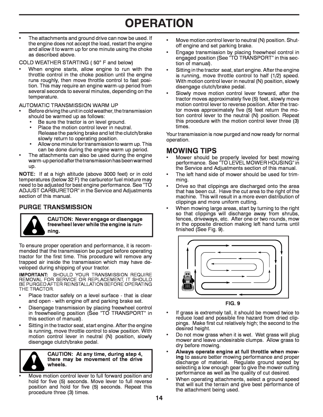 Poulan 419450 manual Mowing Tips, Purge Transmission, Operation 