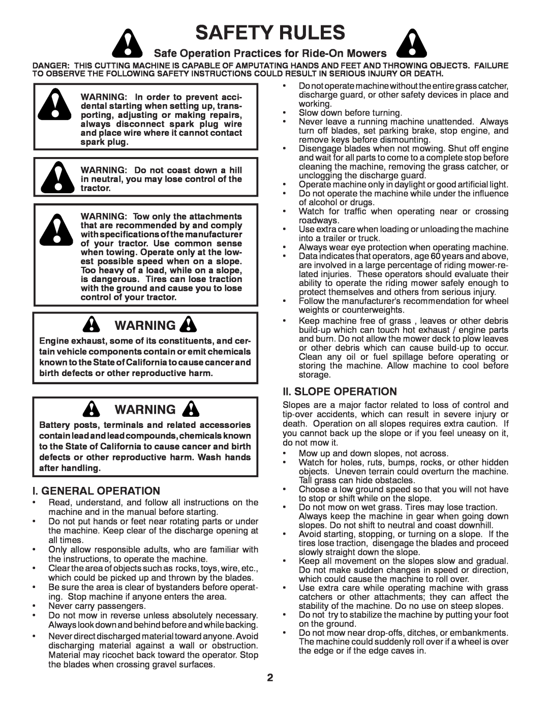 Poulan 419450 manual Safety Rules, Safe Operation Practices for Ride-On Mowers, I. General Operation, Ii. Slope Operation 