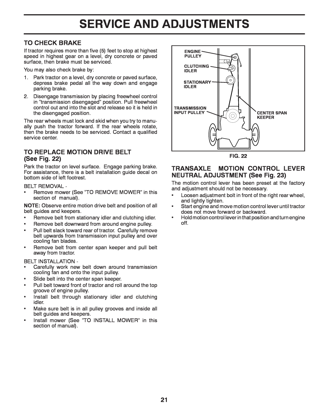 Poulan 419450 To Check Brake, TO REPLACE MOTION DRIVE BELT See Fig, Service And Adjustments, Transmission, Input Pulley 