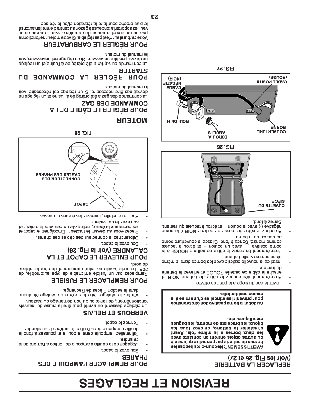 Poulan 419450 manual Reglages Et Revision, Carburateur Le Régler Pour, 27 et 26 .Fig les Voir, Batterie La Replacer, Phares 