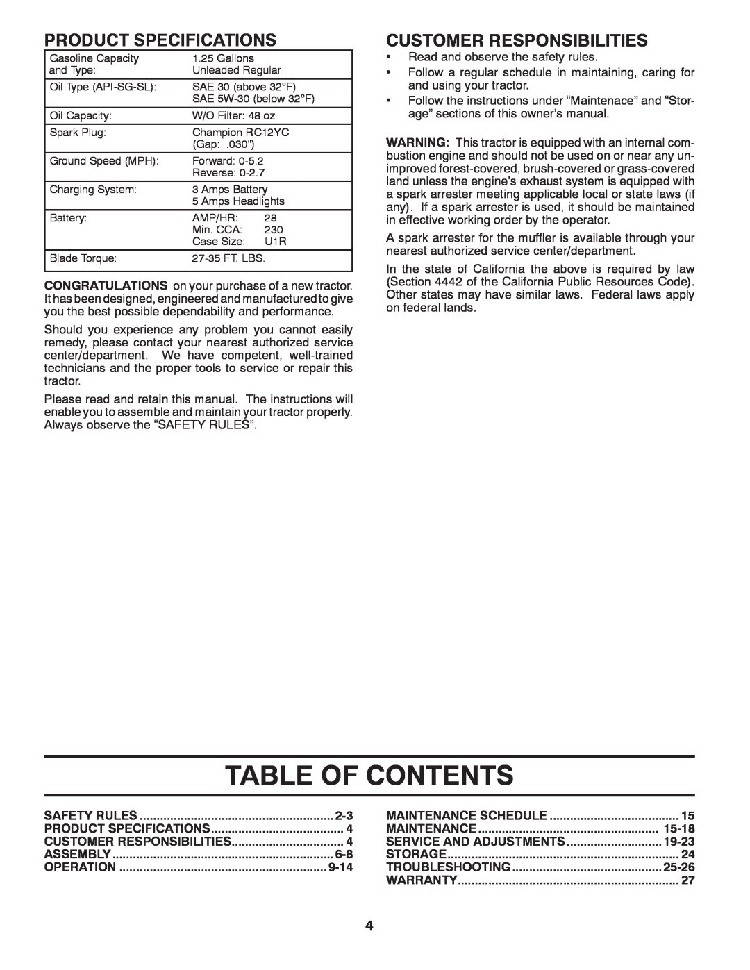 Poulan 419450 manual Table Of Contents, Product Specifications, Customer Responsibilities 