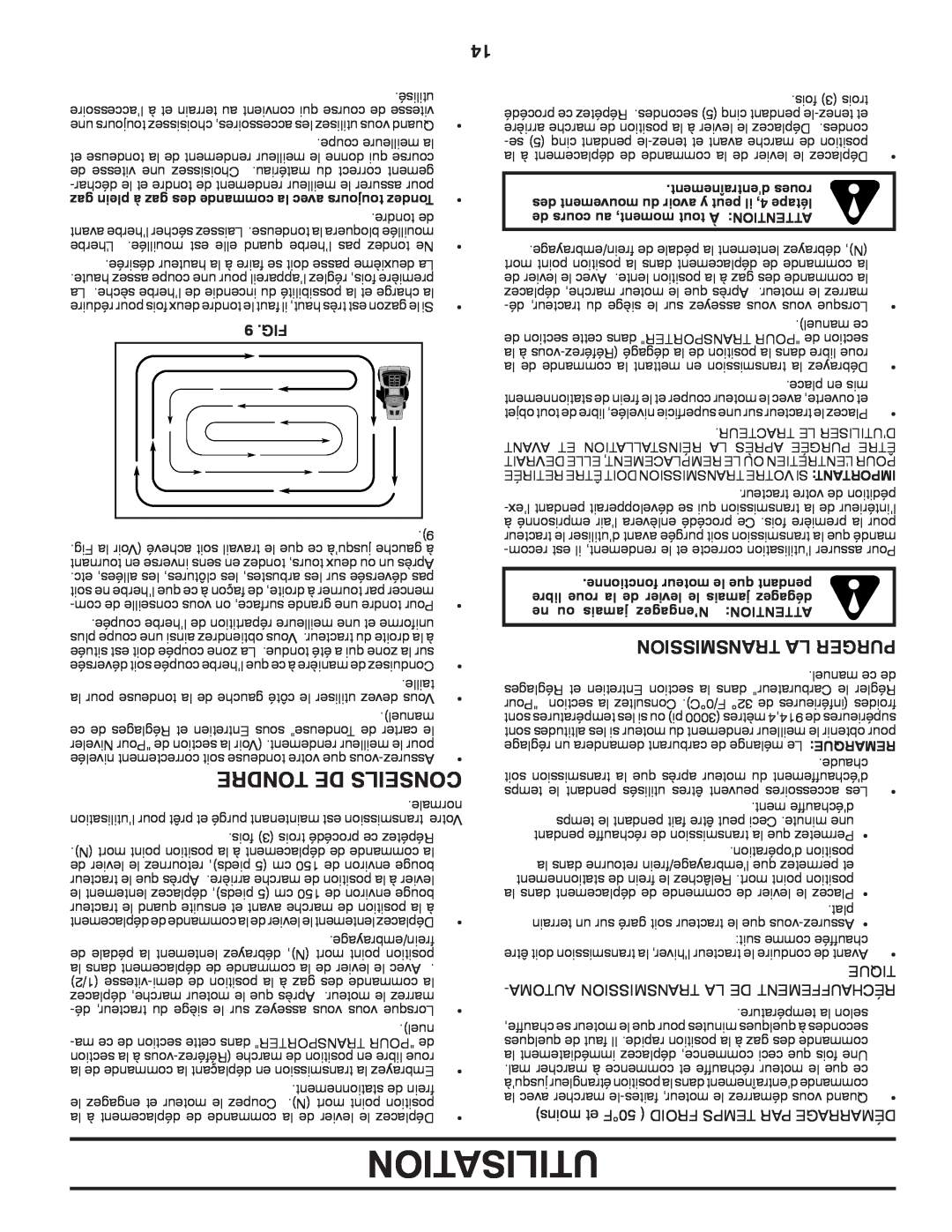 Poulan 419450 manual Utilisation, Tondre De Conseils, Transmission La Purger 