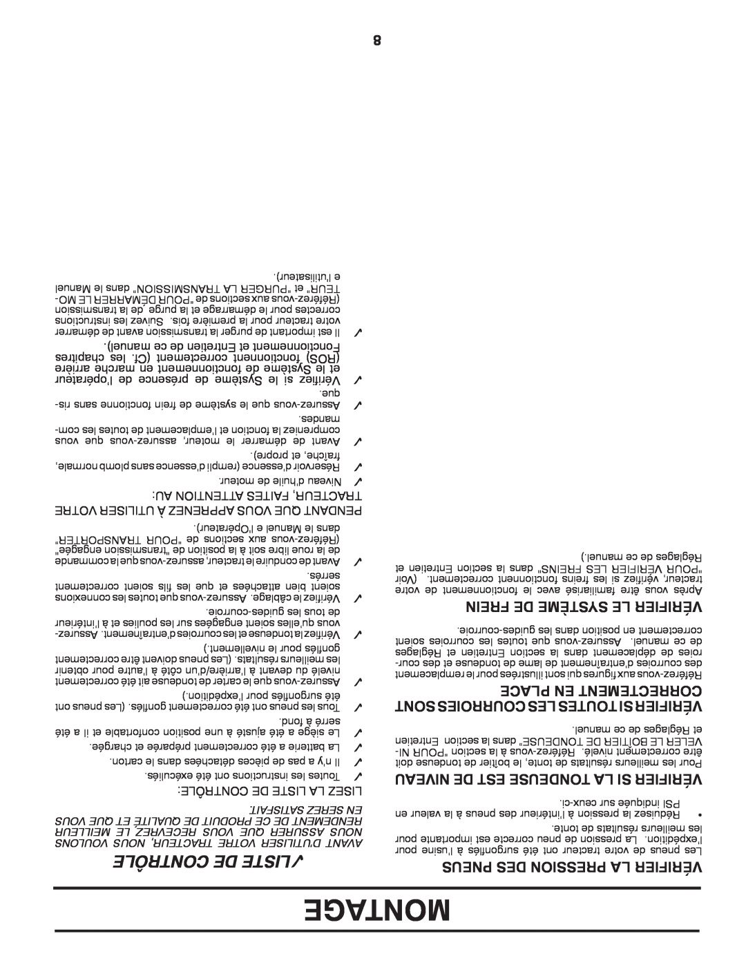 Poulan 419450 manual Montage, Contrôle De Liste, Frein De Système Le Vérifier, Place En Correctement 