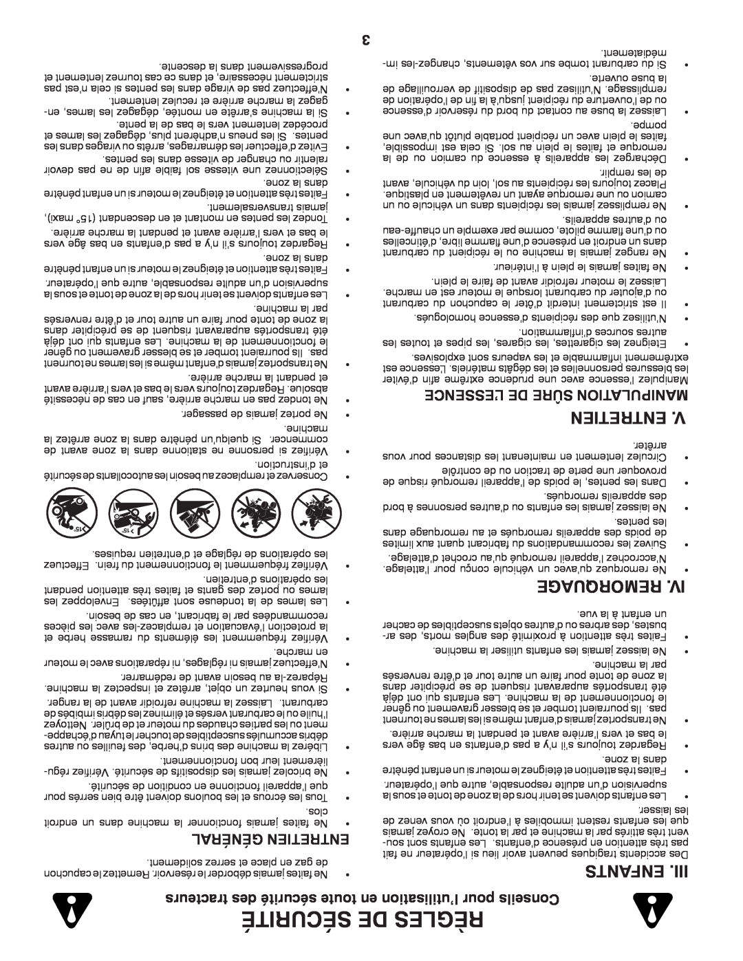 Poulan 419450 manual Sécurité De Règles, Remorquage, Enfants, Général Entretien, tracteurs des sécurité toute 