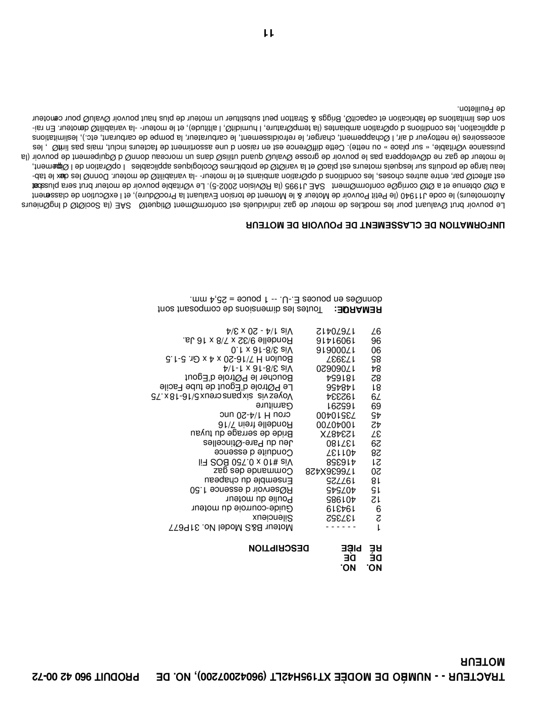 Poulan 419757 manual Moteur DE Pouvoir DE Classement DE L’INFORMATION 