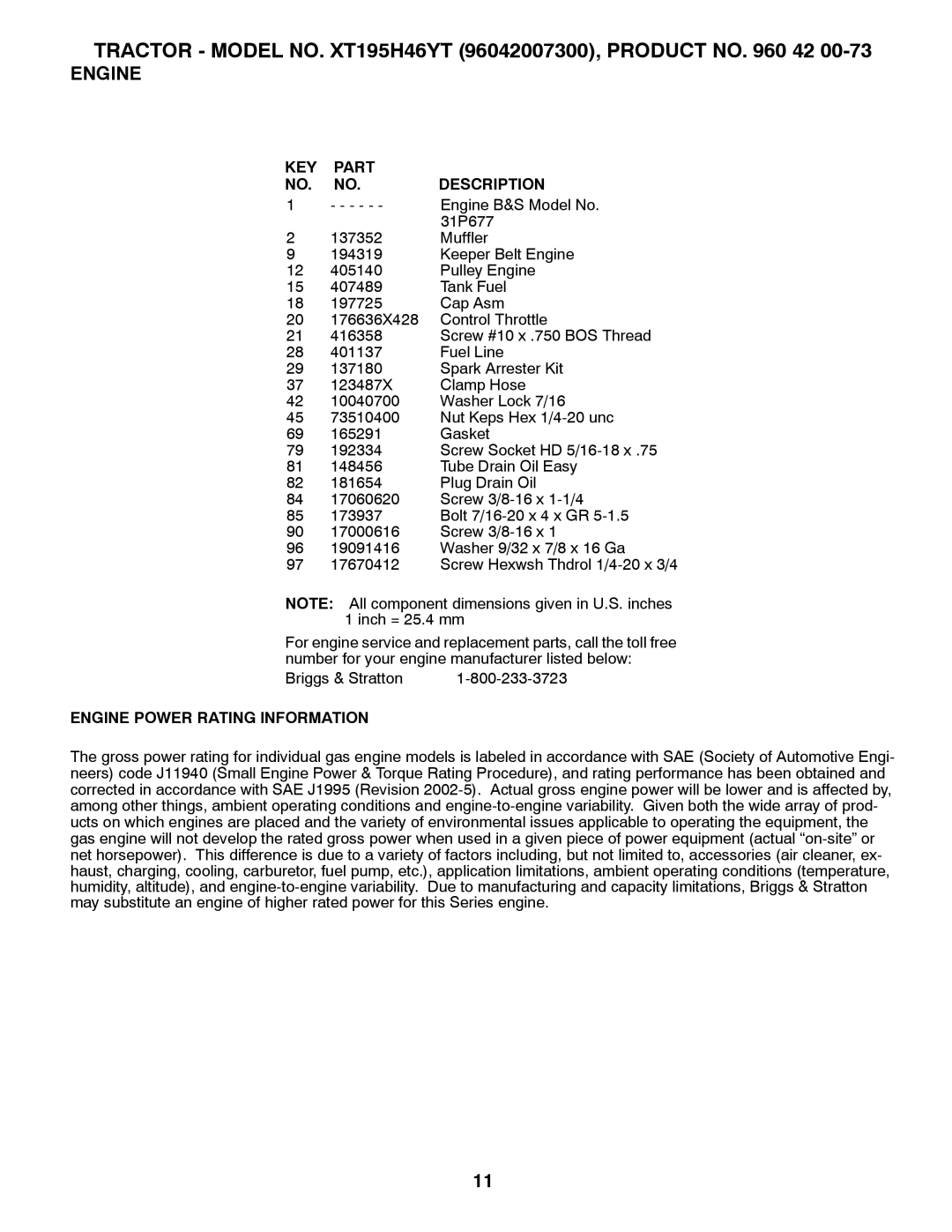 Poulan 419765 manual Engine Power Rating Information 