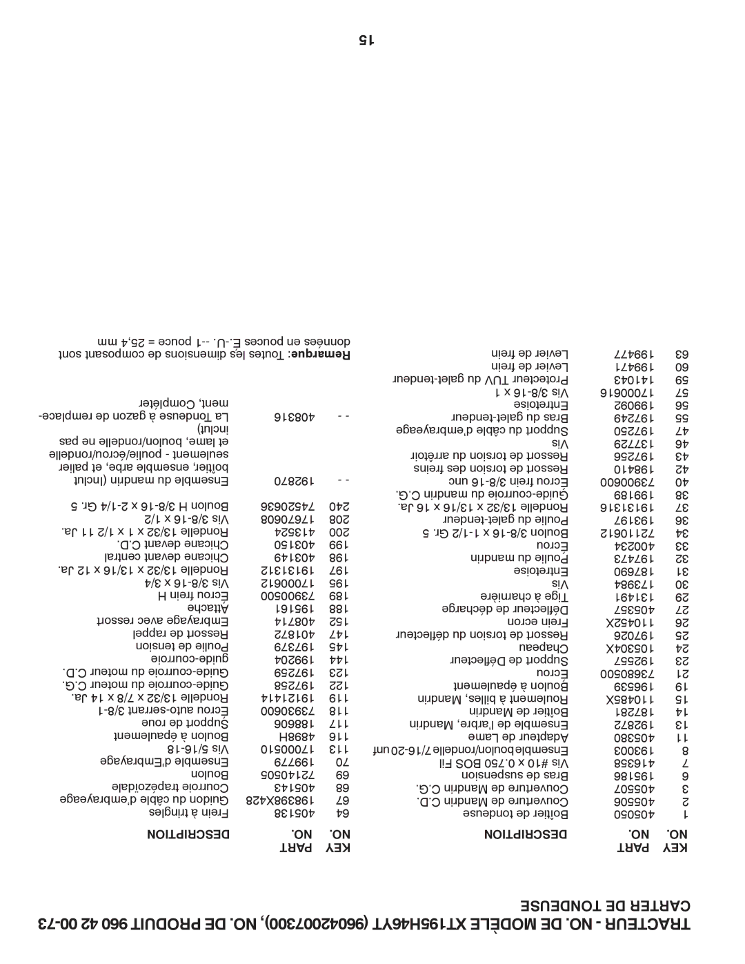 Poulan 419765 manual Tondeuse DE Carter, Description Part KEY 