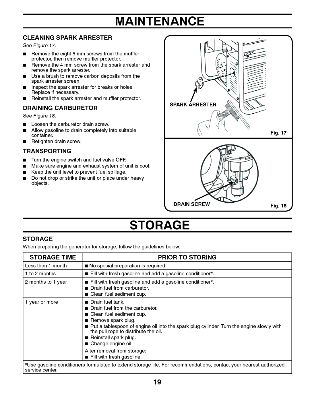 Poulan 420077 owner manual Storage 