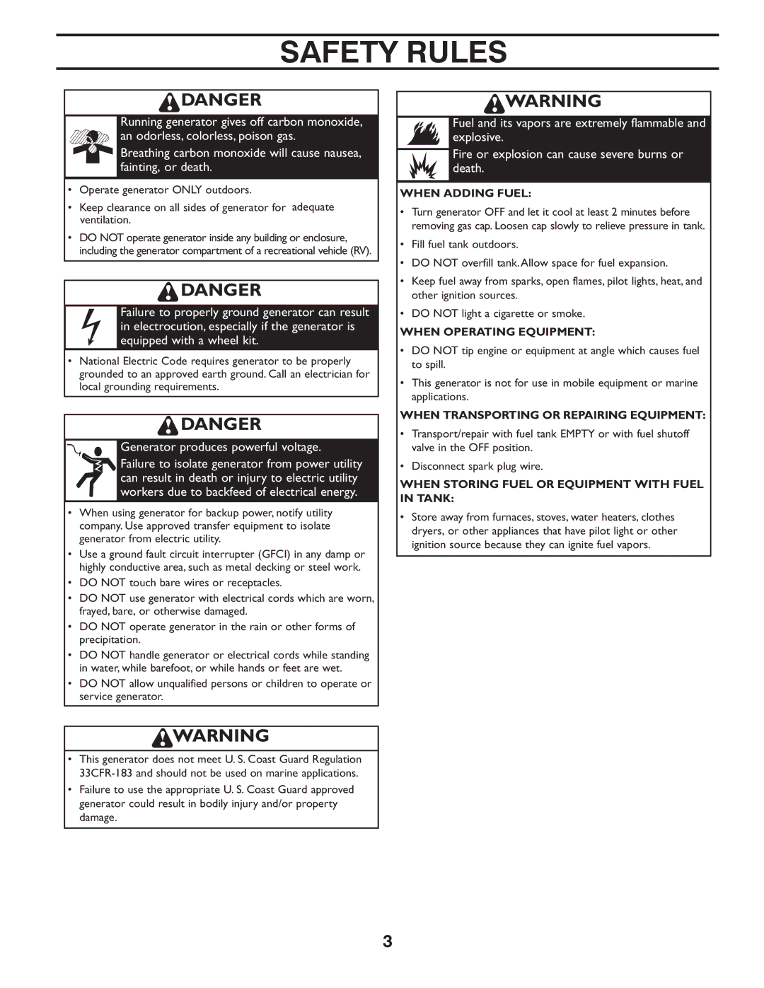 Poulan 420077 owner manual Safety Rules, Generator produces powerful voltage 