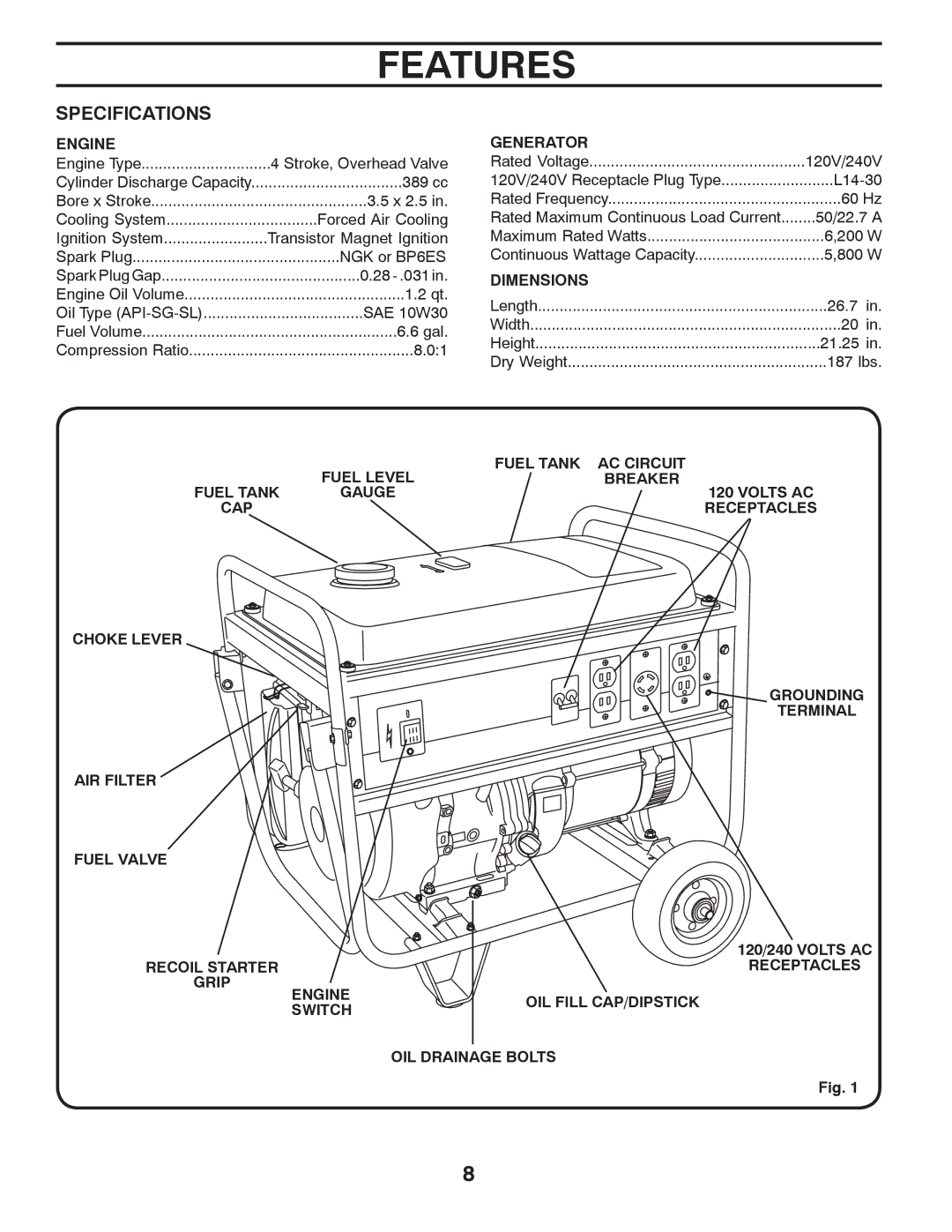 Poulan 420077 owner manual Features, Specifications 