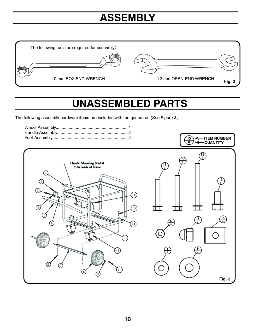Poulan 420077 owner manual Unassembled Parts, Wheel Assembly, Handle Assembly, Foot Assembly 